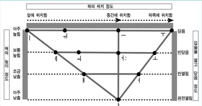 국어 음운론의 모음 삼각도: 혀의 앞뒤 위치와 높이, 입술을 열고 닫는 정도에 따른 모음의 자리
